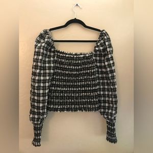 H&M square neck puff sleeves plaid top